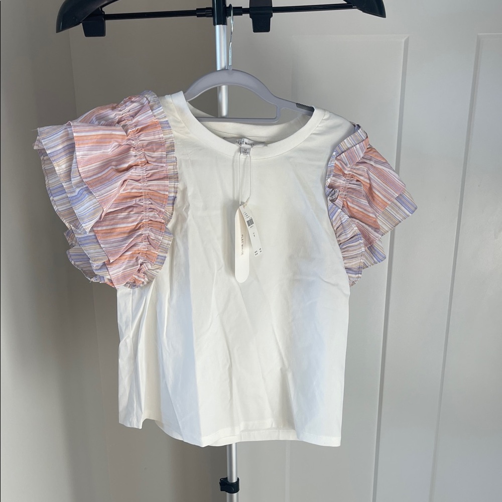 Anthropologie White Top with Striped Ruffle Sleeves